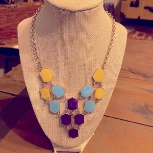Purple, Yellow, and Light Blue Geometric Tiles Gold Statement Necklace